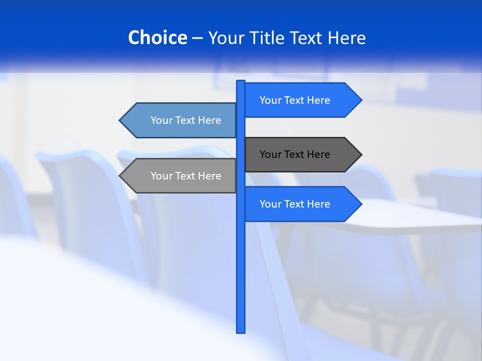 A Classroom With Blue Chairs And A Bulletin Board PowerPoint Template