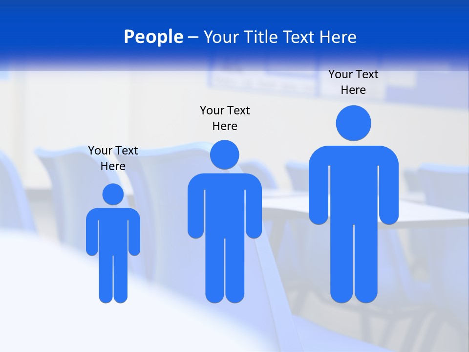 A Classroom With Blue Chairs And A Bulletin Board PowerPoint Template