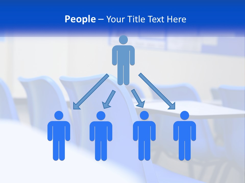 A Classroom With Blue Chairs And A Bulletin Board PowerPoint Template