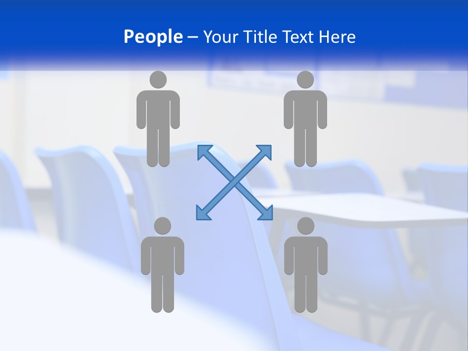 A Classroom With Blue Chairs And A Bulletin Board PowerPoint Template