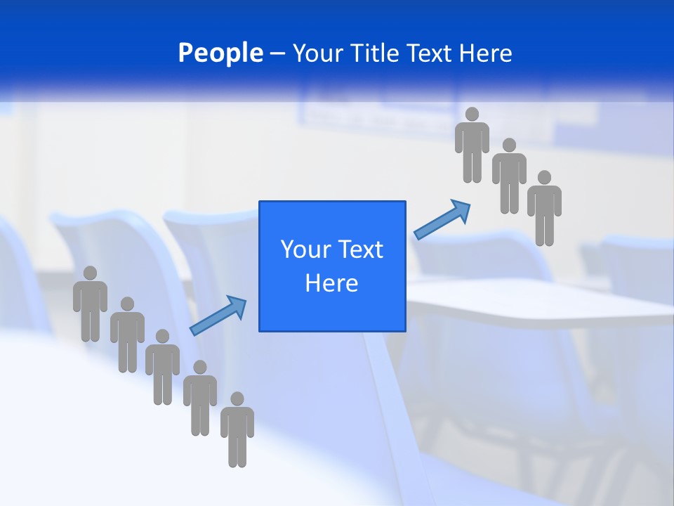 A Classroom With Blue Chairs And A Bulletin Board PowerPoint Template