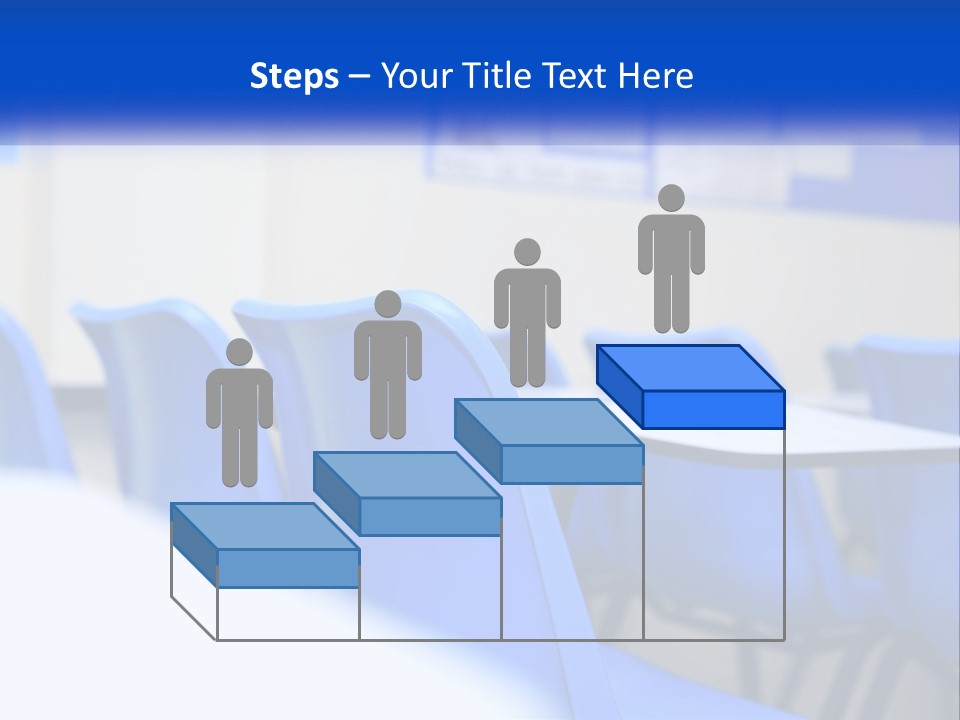 A Classroom With Blue Chairs And A Bulletin Board PowerPoint Template