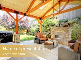 A Covered Patio With Furniture And A Grill PowerPoint Template