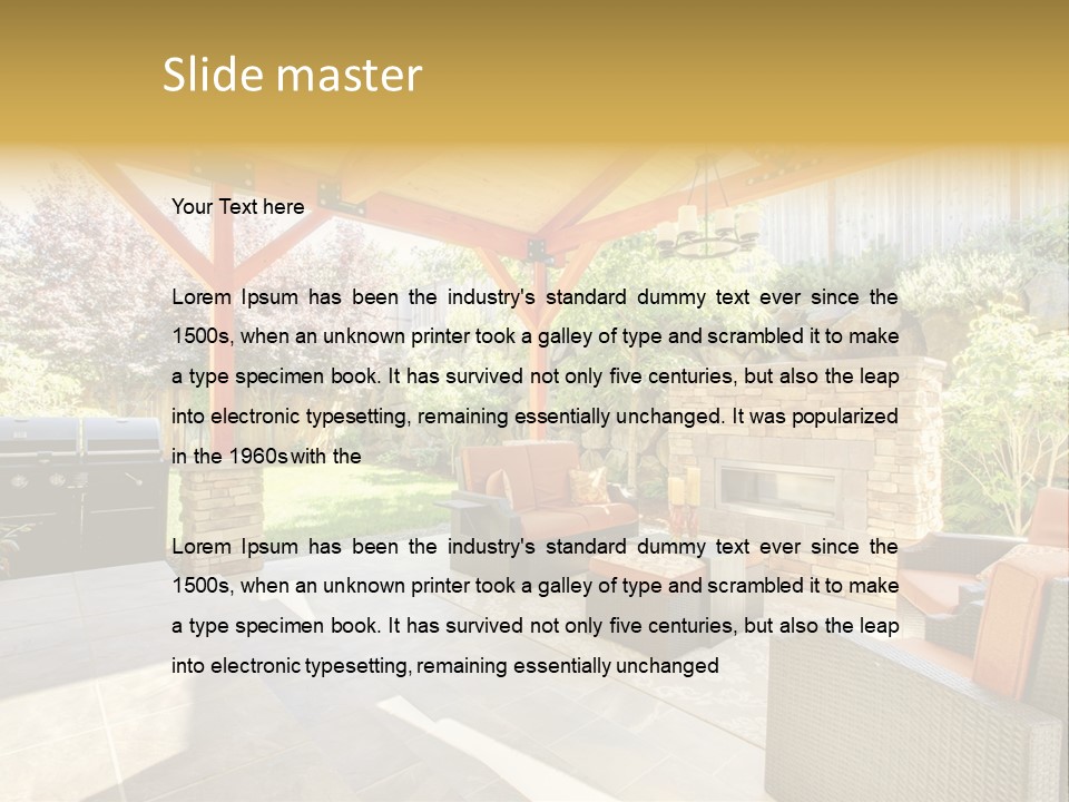 A Covered Patio With Furniture And A Grill PowerPoint Template