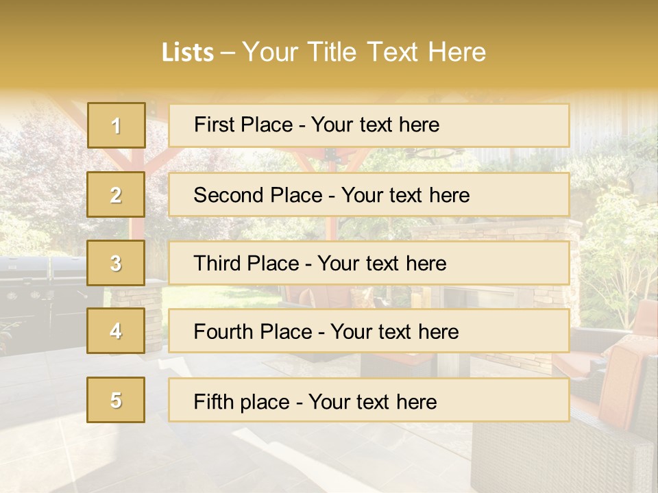 A Covered Patio With Furniture And A Grill PowerPoint Template