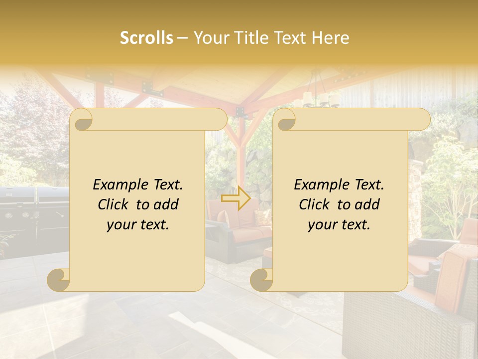 A Covered Patio With Furniture And A Grill PowerPoint Template
