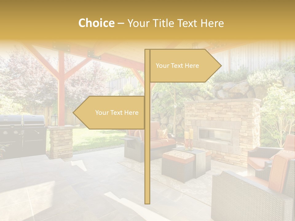 A Covered Patio With Furniture And A Grill PowerPoint Template