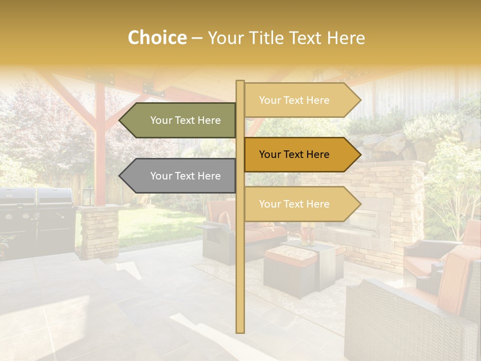 A Covered Patio With Furniture And A Grill PowerPoint Template