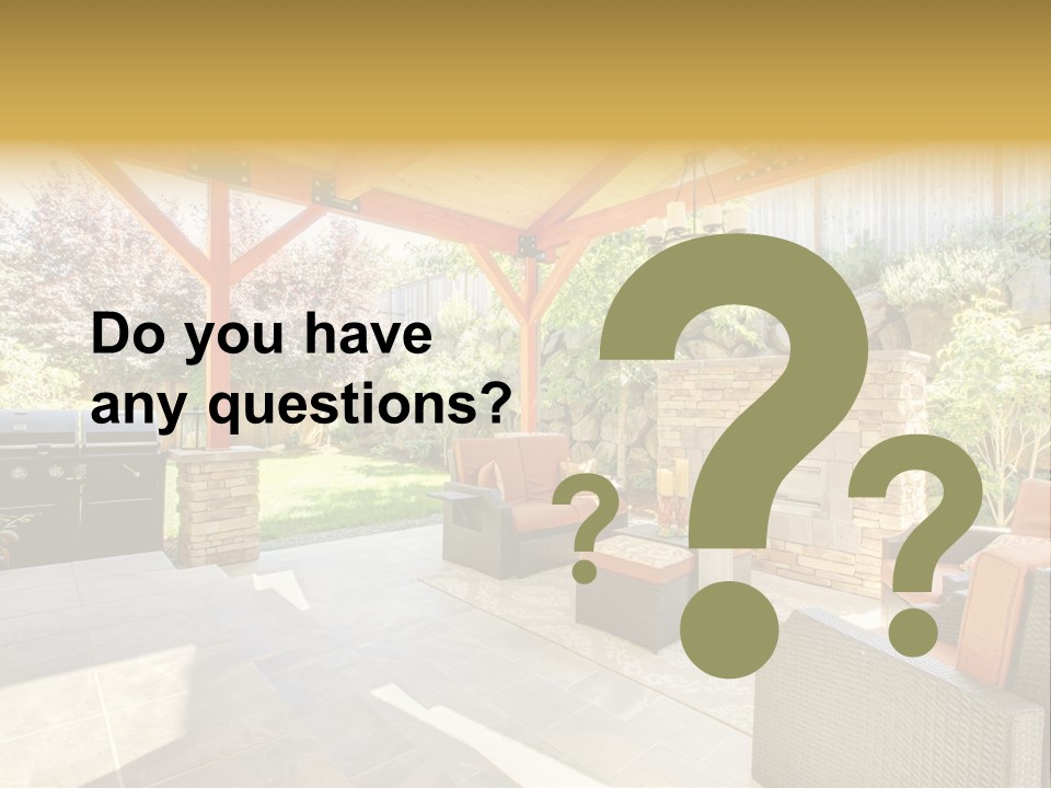 A Covered Patio With Furniture And A Grill PowerPoint Template