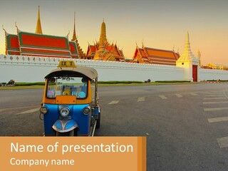 A Tuk Tuk Is Parked In Front Of A Building PowerPoint Template
