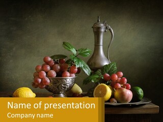 A Table Topped With A Metal Bowl Filled With Fruit PowerPoint Template