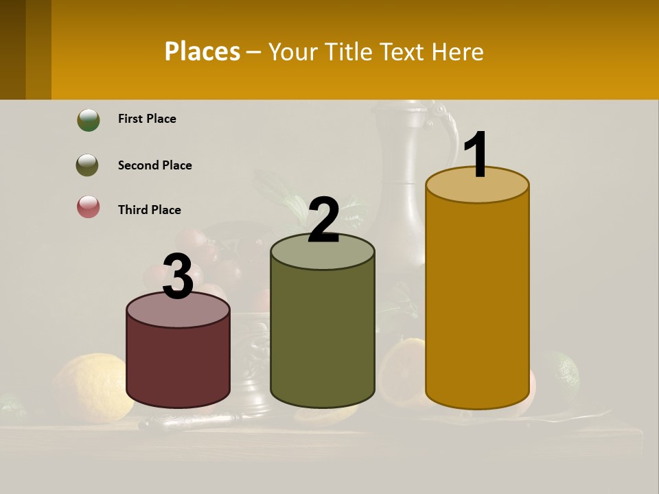 A Table Topped With A Metal Bowl Filled With Fruit PowerPoint Template