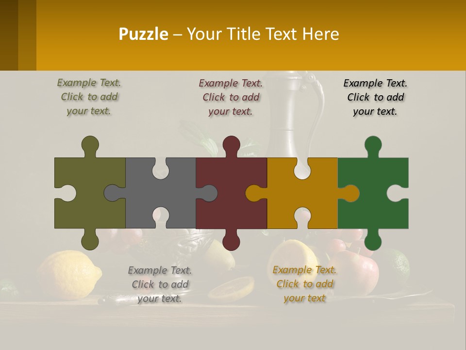 A Table Topped With A Metal Bowl Filled With Fruit PowerPoint Template