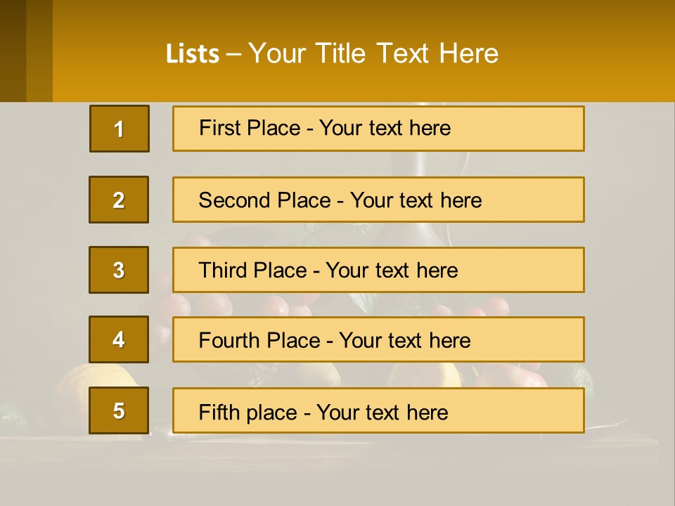 A Table Topped With A Metal Bowl Filled With Fruit PowerPoint Template