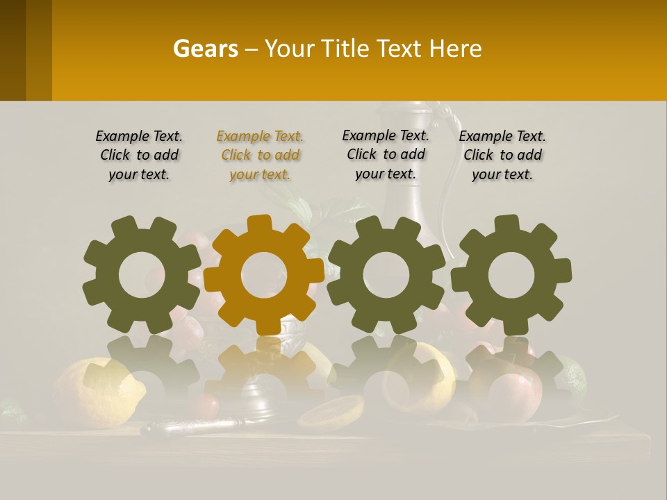 A Table Topped With A Metal Bowl Filled With Fruit PowerPoint Template