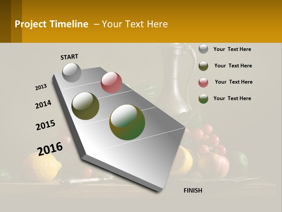 A Table Topped With A Metal Bowl Filled With Fruit PowerPoint Template