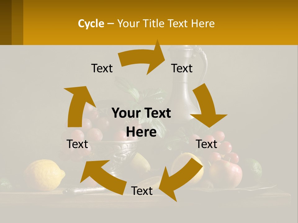 A Table Topped With A Metal Bowl Filled With Fruit PowerPoint Template