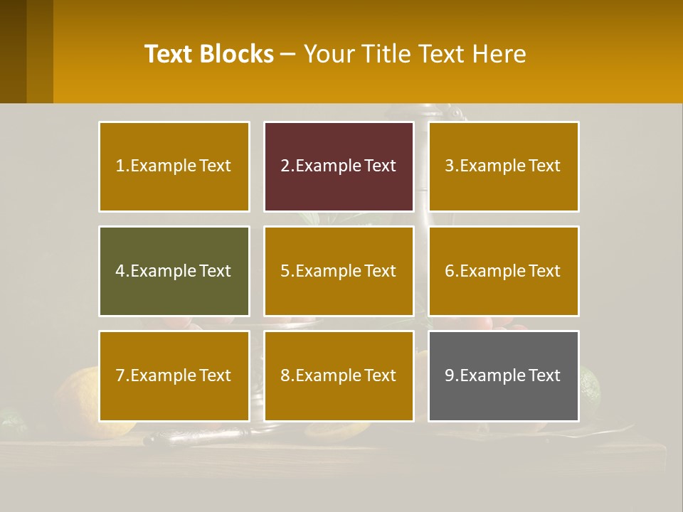 A Table Topped With A Metal Bowl Filled With Fruit PowerPoint Template