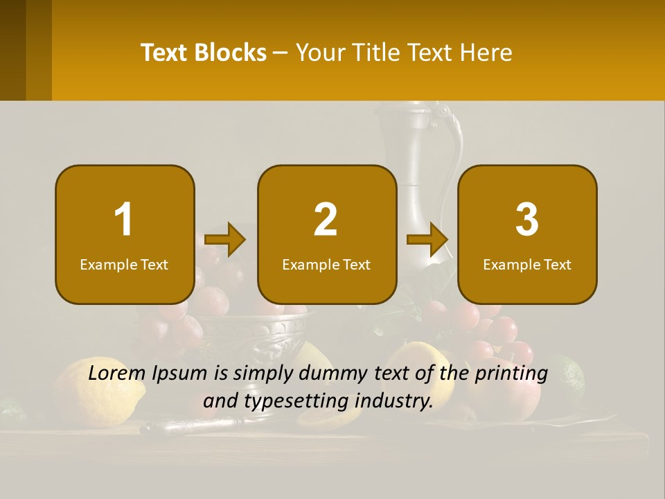 A Table Topped With A Metal Bowl Filled With Fruit PowerPoint Template