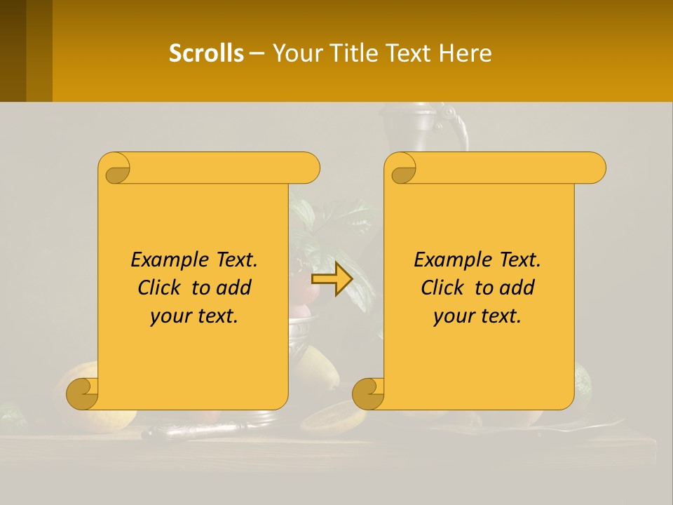 A Table Topped With A Metal Bowl Filled With Fruit PowerPoint Template