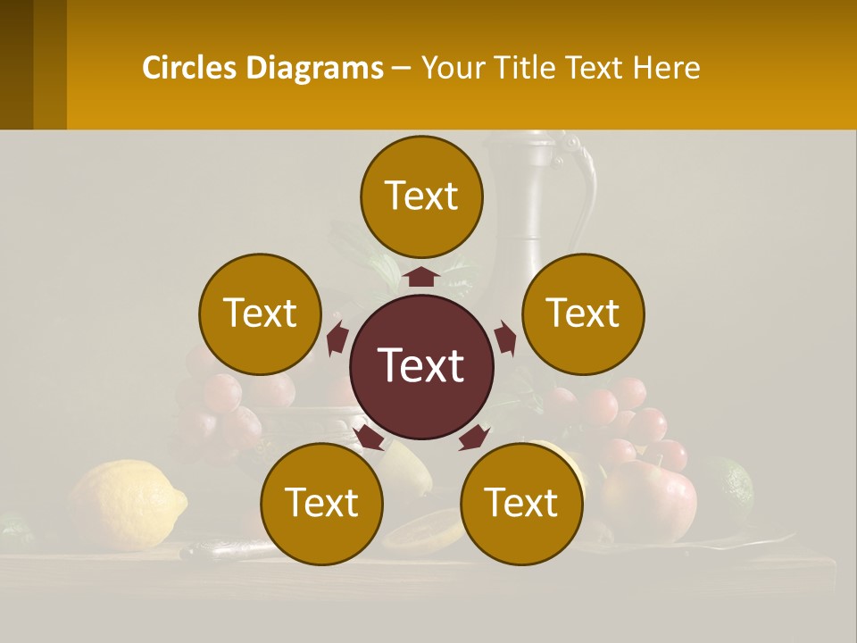 A Table Topped With A Metal Bowl Filled With Fruit PowerPoint Template