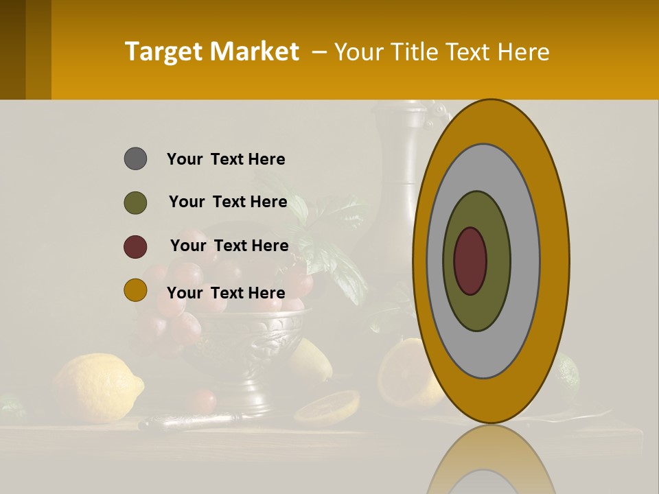 A Table Topped With A Metal Bowl Filled With Fruit PowerPoint Template