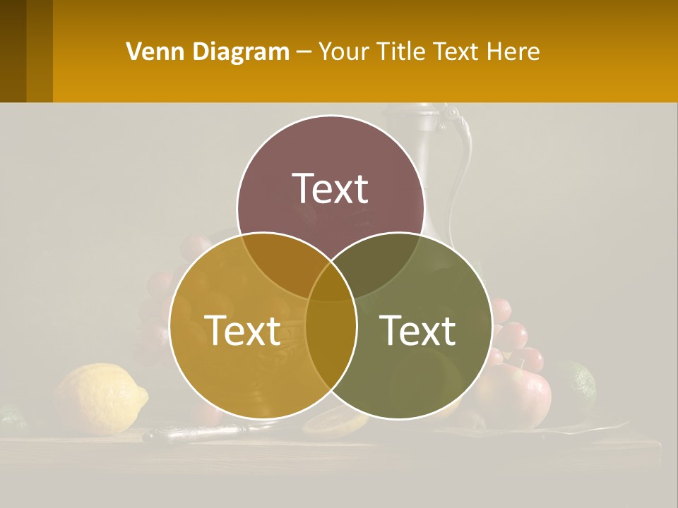 A Table Topped With A Metal Bowl Filled With Fruit PowerPoint Template