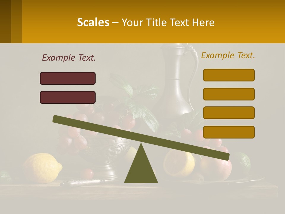 A Table Topped With A Metal Bowl Filled With Fruit PowerPoint Template