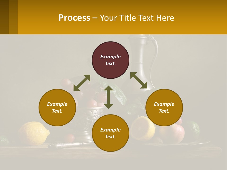 A Table Topped With A Metal Bowl Filled With Fruit PowerPoint Template