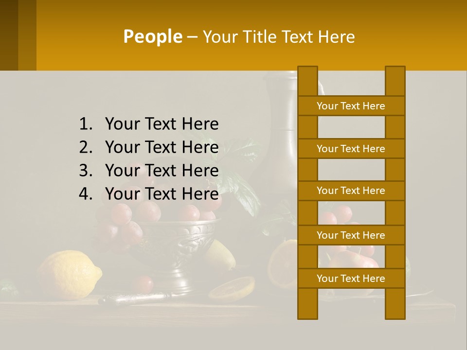 A Table Topped With A Metal Bowl Filled With Fruit PowerPoint Template