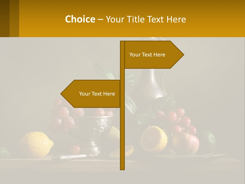 A Table Topped With A Metal Bowl Filled With Fruit PowerPoint Template