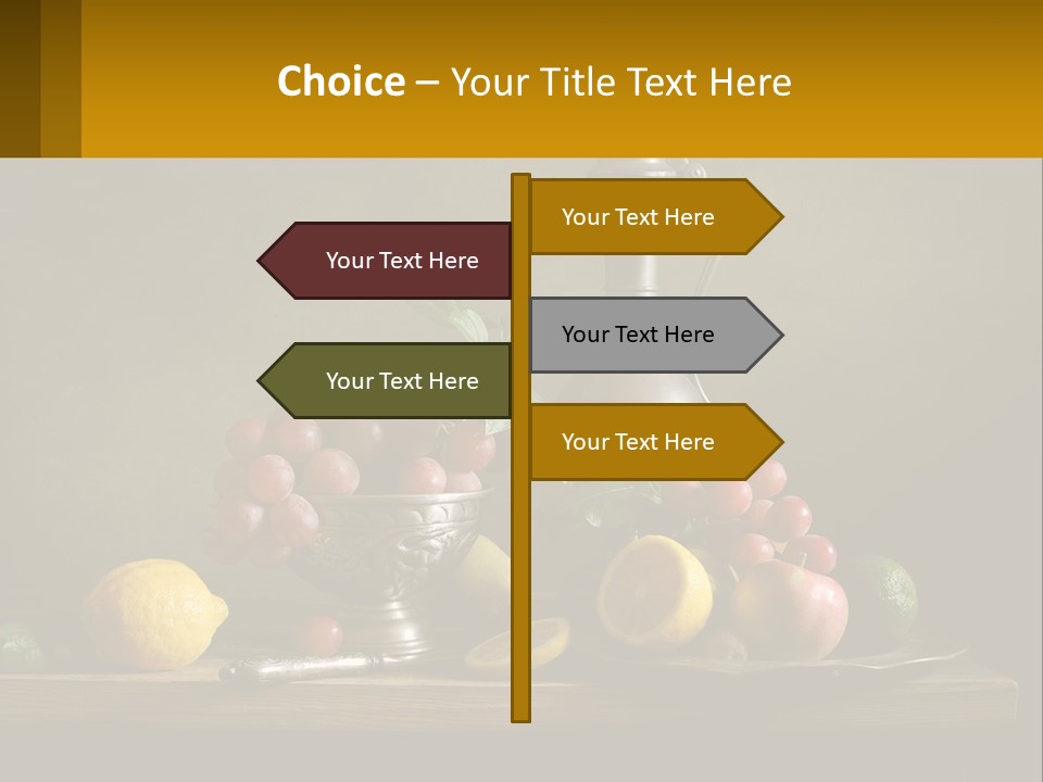 A Table Topped With A Metal Bowl Filled With Fruit PowerPoint Template