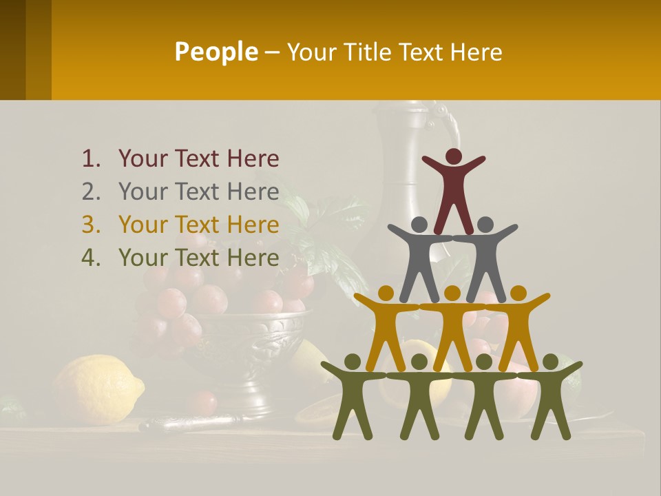 A Table Topped With A Metal Bowl Filled With Fruit PowerPoint Template