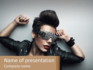 A Woman In A Leather Jacket With A Mask On Her Face PowerPoint Template