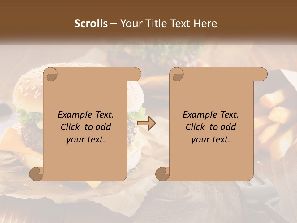 Two Hamburgers And Fries On A Wooden Table PowerPoint Template