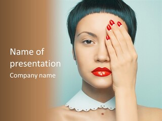 A Woman With Red Lipstick Holding Her Hands To Her Face PowerPoint Template