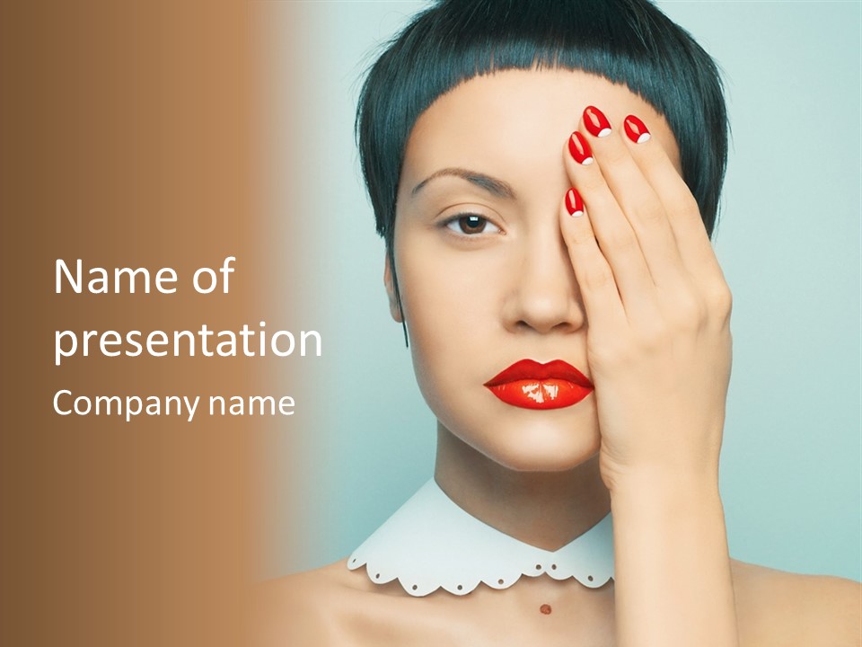 A Woman With Red Lipstick Holding Her Hands To Her Face PowerPoint Template