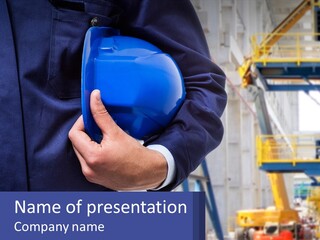A Man Holding A Blue Hard Hat In His Hands PowerPoint Template