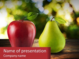 Two Apples And A Pear On A Wooden Table PowerPoint Template