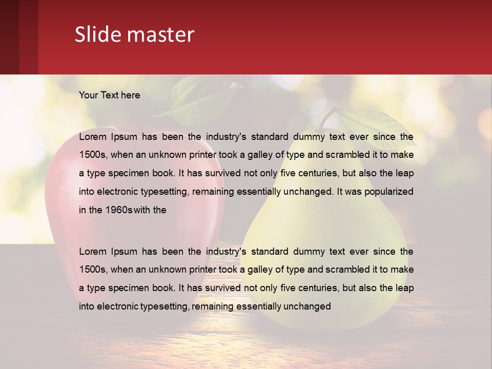 Two Apples And A Pear On A Wooden Table PowerPoint Template