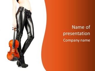 A Woman In Black Leather Pants Holding A Violin PowerPoint Template