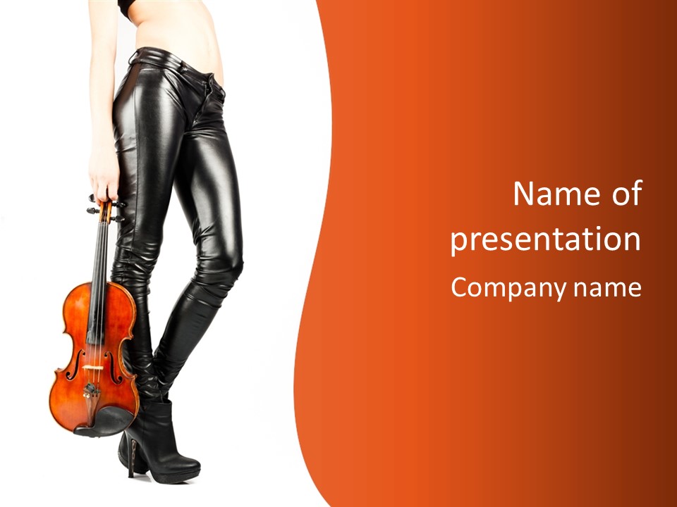 A Woman In Black Leather Pants Holding A Violin PowerPoint Template