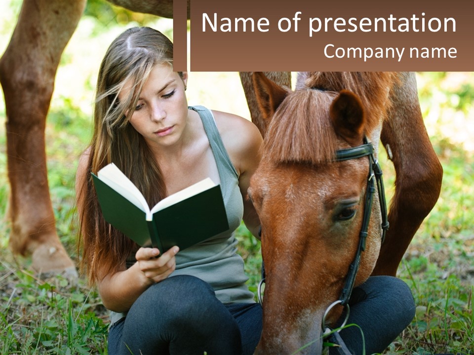 A Girl Reading A Book Next To A Horse PowerPoint Template