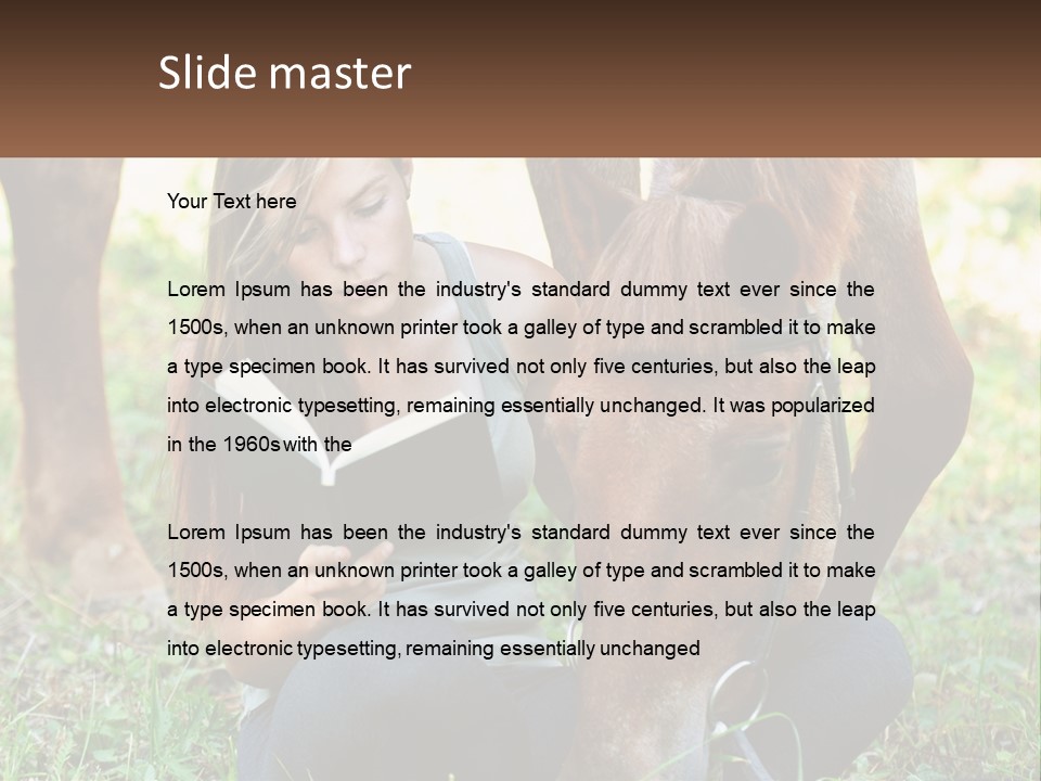 A Girl Reading A Book Next To A Horse PowerPoint Template