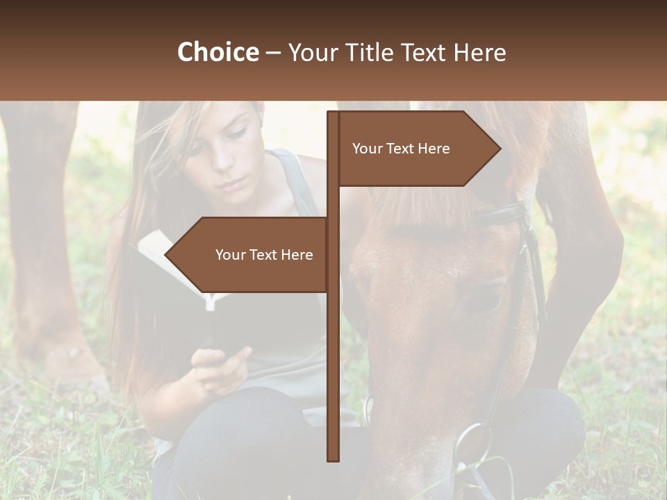 A Girl Reading A Book Next To A Horse PowerPoint Template