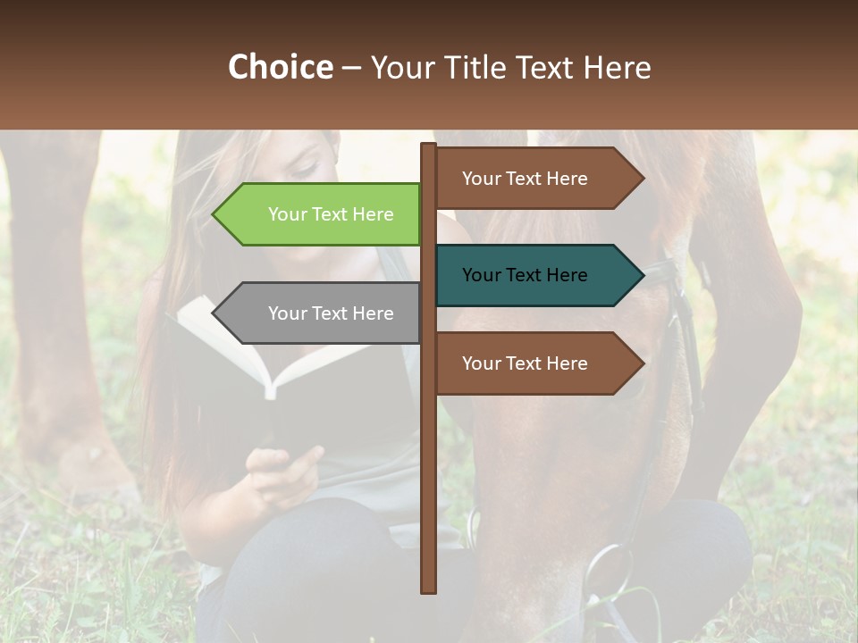 A Girl Reading A Book Next To A Horse PowerPoint Template