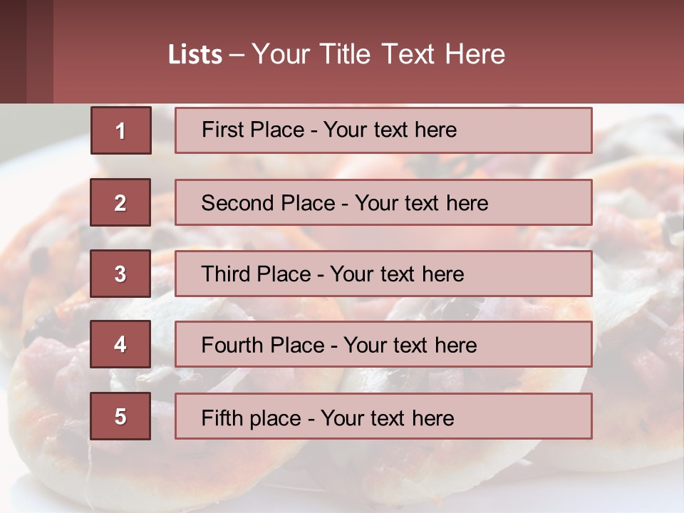 A White Plate Topped With Mini Pizzas Covered In Toppings PowerPoint Template
