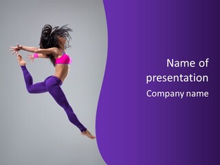 A Woman In A Pink Top And Purple Pants Jumping In The Air PowerPoint Template