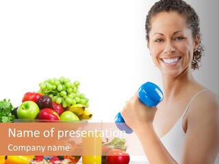A Woman Holding A Blue Dumbble In Front Of A Pile Of Fruits And Vegetables PowerPoint Template