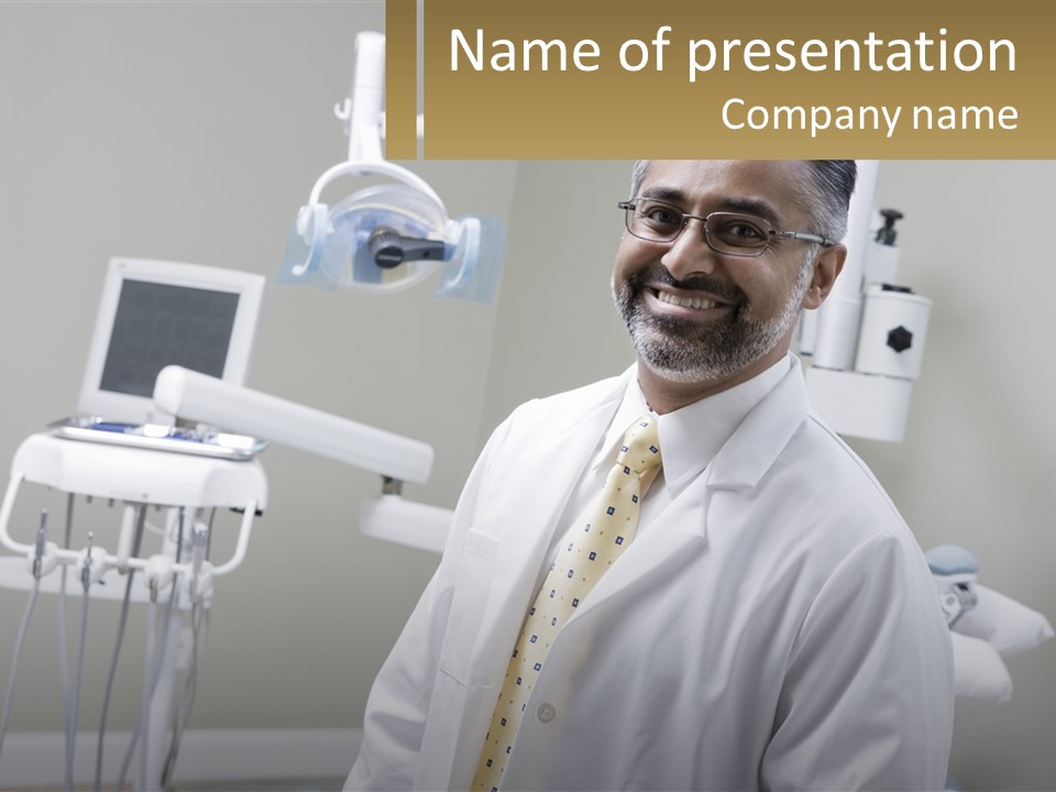 A Man In A White Lab Coat And Tie Standing In Front Of A Dentist Chair PowerPoint Template